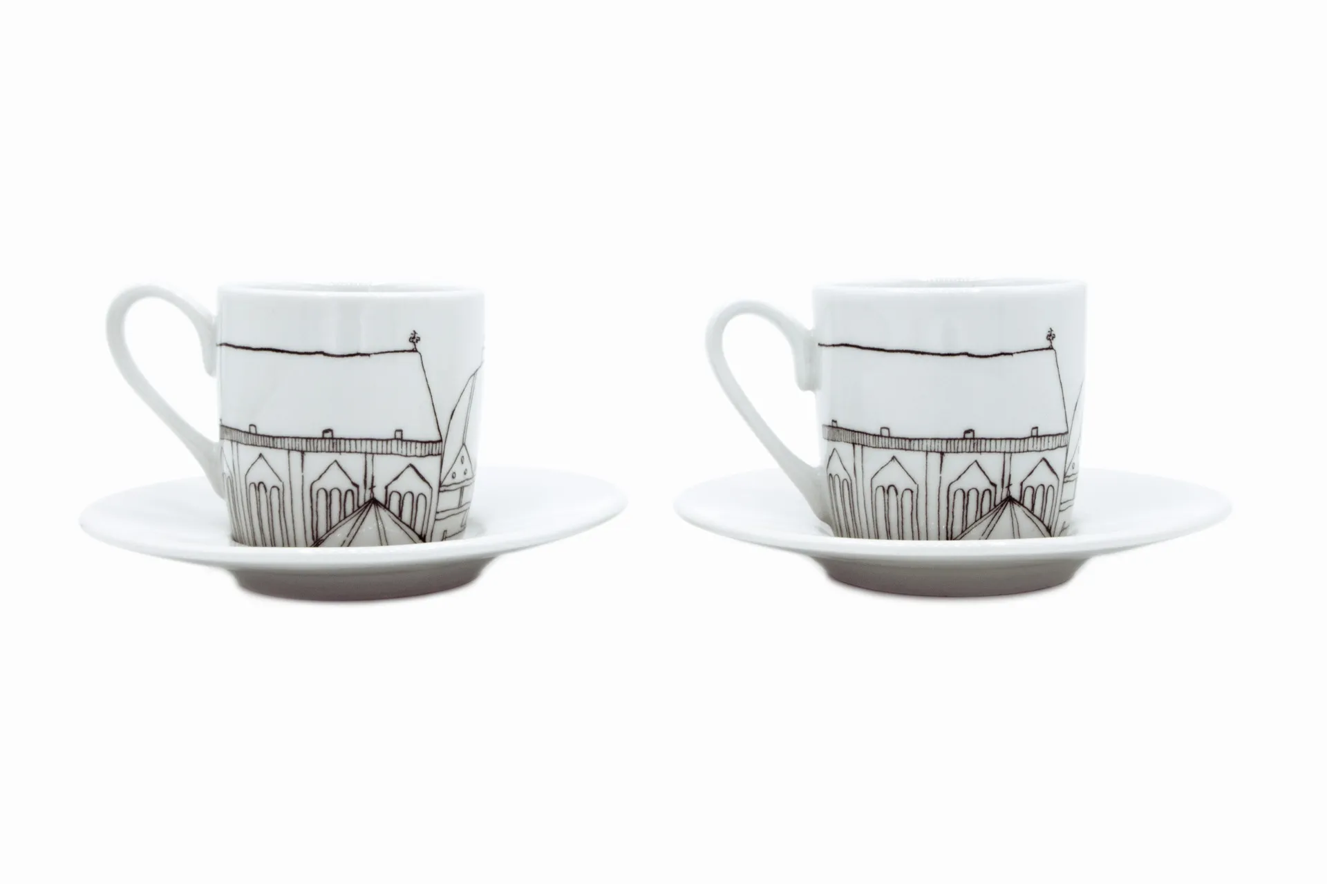 Weiß Porzellan‑Espressotasse im 2er‑Set mit Untertassen, mit stilisiertem schwarzem Aachen Stadtmotiv, 0,085