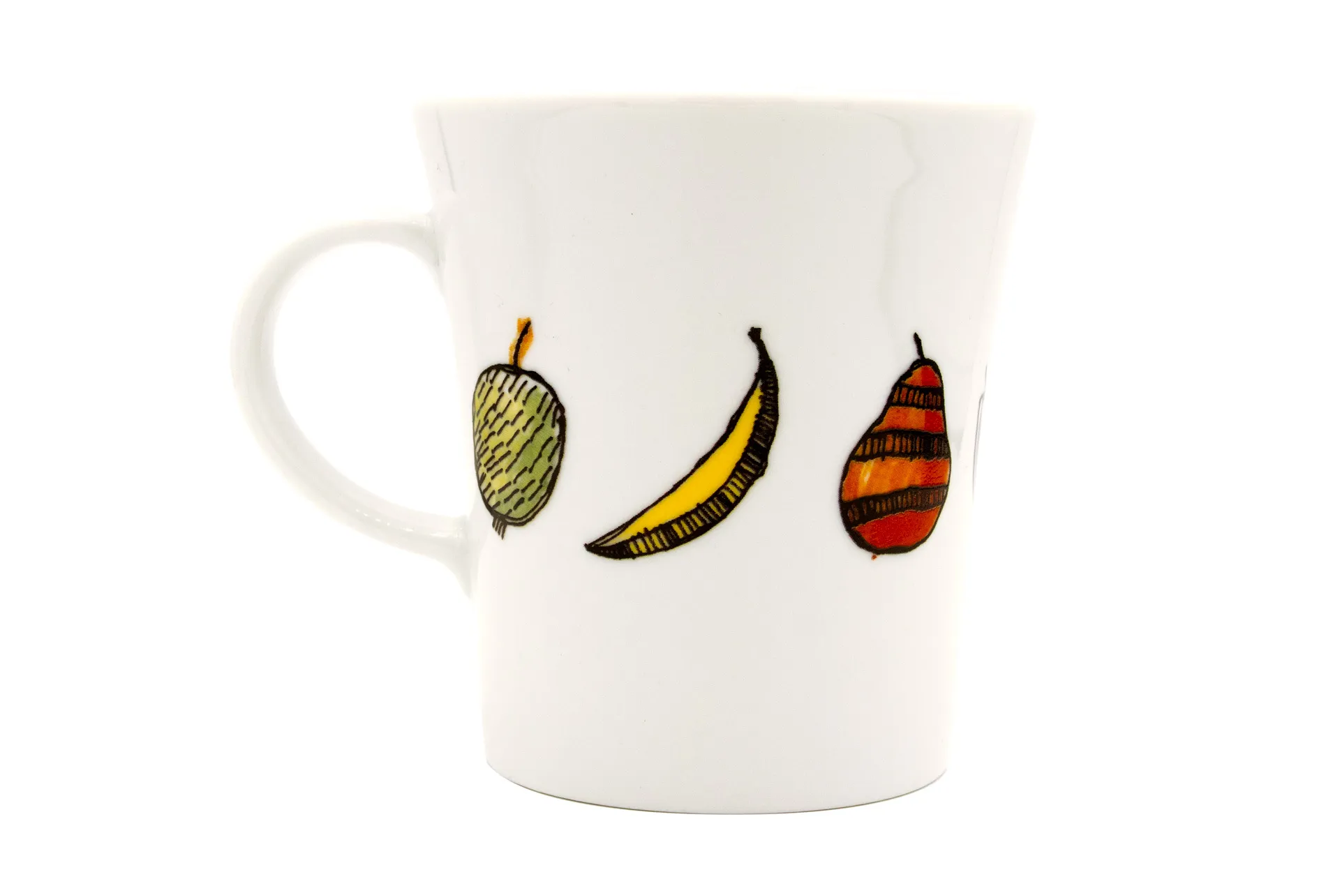 Weiße Porzellantasse mit farbintensivem, handgezeichnetem Früchte-Motiv (z. B. Beeren, Zitrusfrüchte) rundum als Dekor, 0,28 l