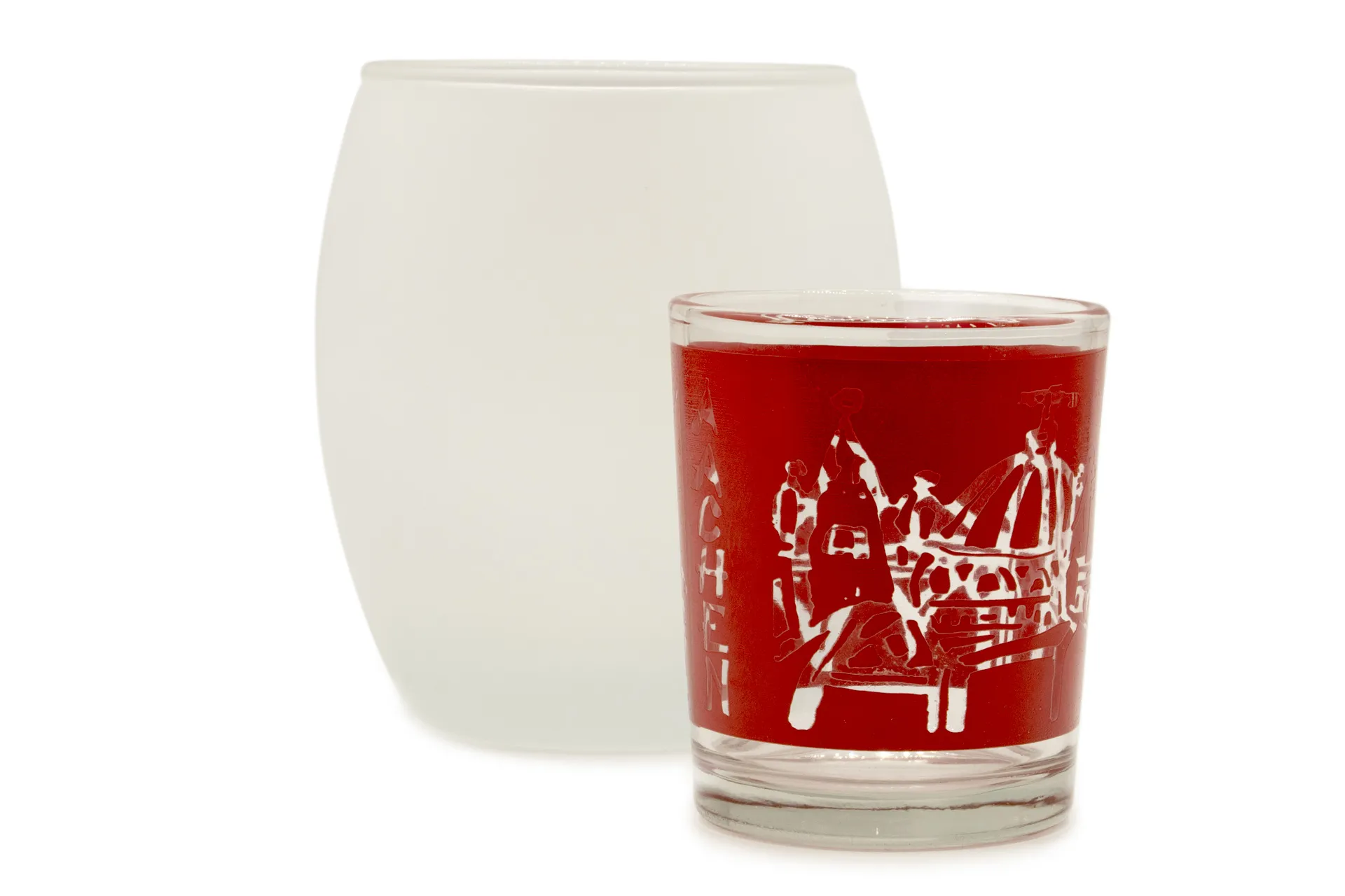 Ovales Windlicht aus Glas mit milchig-mattweißem Außendekor und rotem Innenteil (2-teilig) – mit Aachener Motivdesign, ideal für stimmungsvolle Lichtakzente