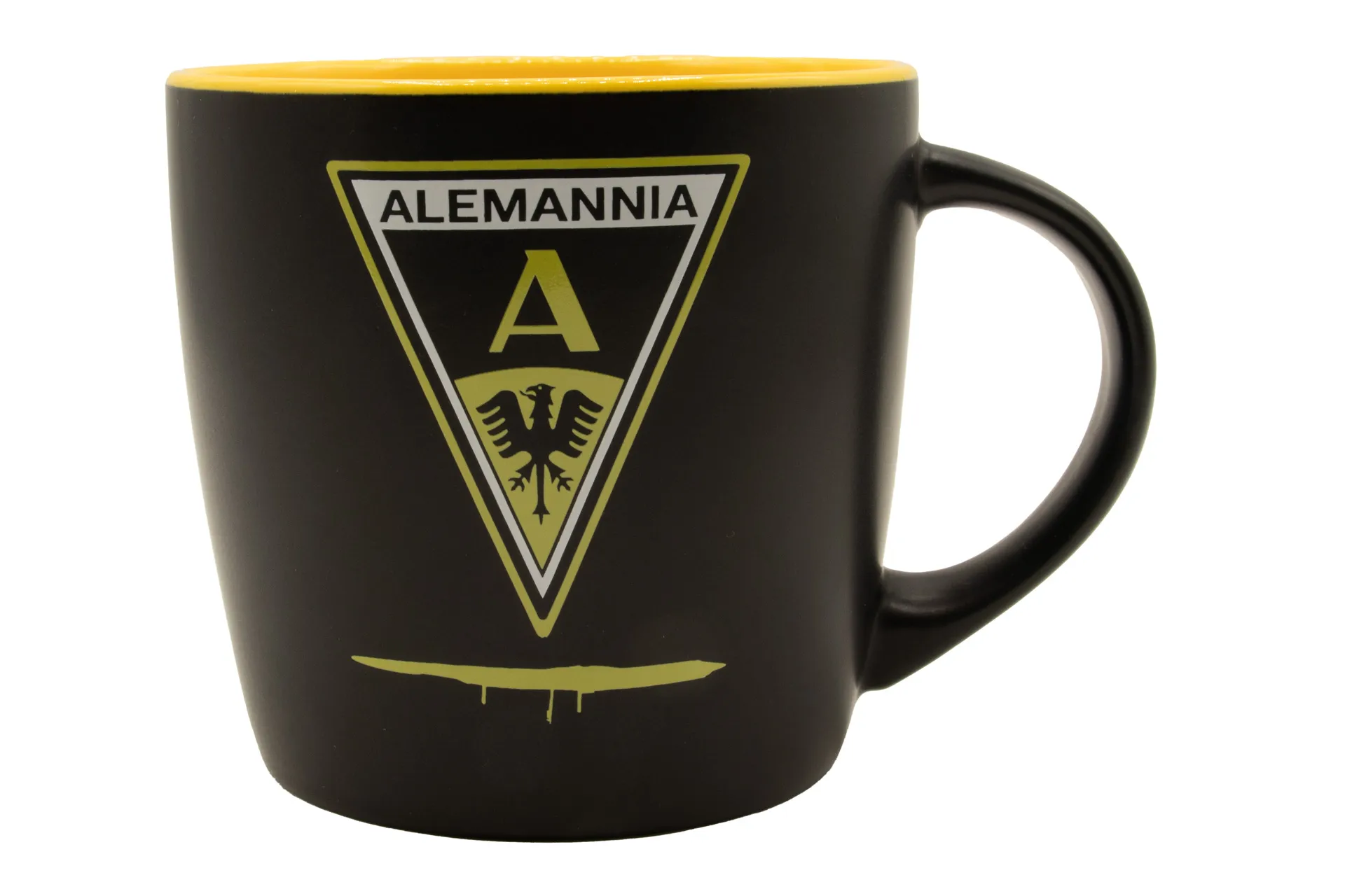 Schwarze matte Porzellantasse mit gelber Innenseite, mit einem Motiv zum Aufstiegslied „Aus meinem Traum bin ich heute aufgewacht…“ und dem Schriftzug „Alemannia“, 0,27 l