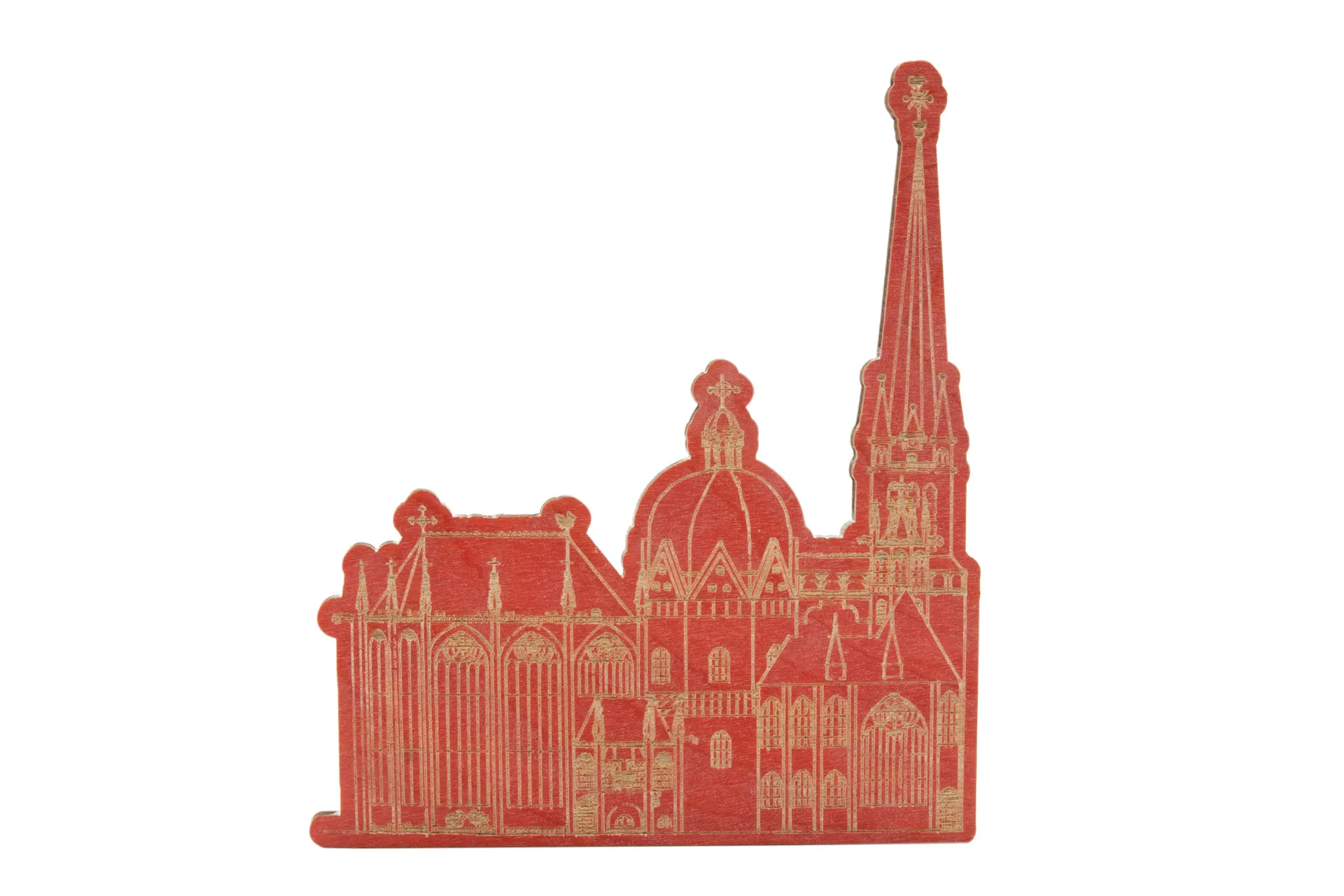 Holzmagnet in Form des Aachener Doms, gesägt und farbig lackiert, aus einem stabilen, aber leichten Holz gefertigt, in Farbe rot