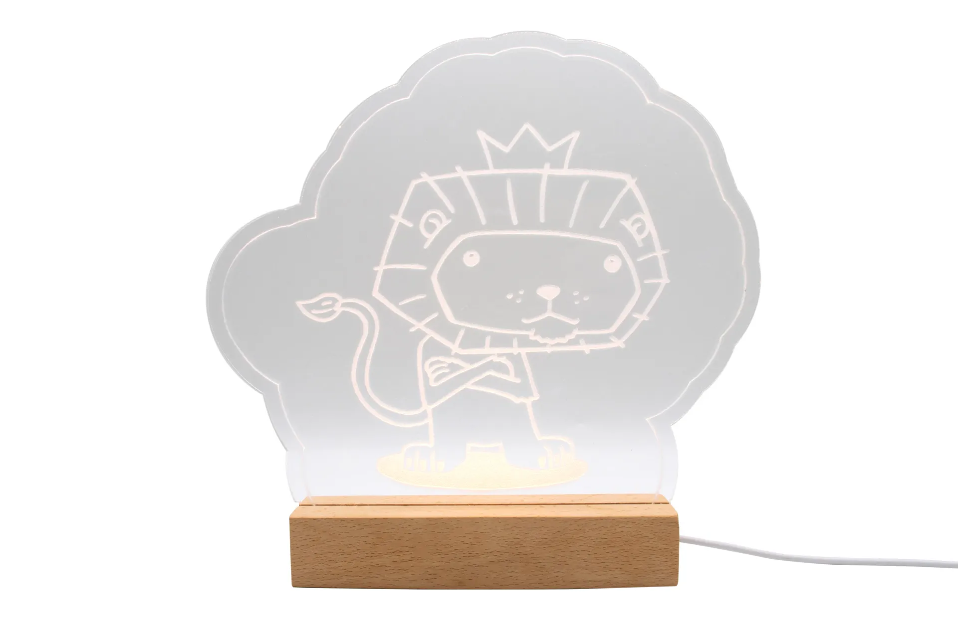 LED-beleuchteter Acryl-Aufsteller mit Löwenmotiv, montiert auf Holzsockel mit USB-Anschluss und Bedienelement für div.Farblichter– ideal als Nachtlicht oder Dekoration für Kinderzimmer mit zwei Ausführungen (ohne Gravur/mit individueller Gravur)