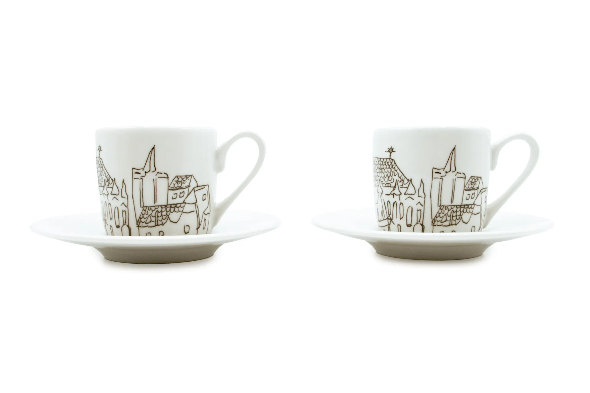 Weiß Porzellan‑Espressotasse im 2er‑Set mit Untertassen, mit stilisiertem schwarzem Aachen Stadtmotiv, 0,085 l Weiß Porzellan‑Espressotasse im 2er‑Set mit Untertassen, mit stilisiertem schwarzem Aachen Stadtmotiv, 0,085 l