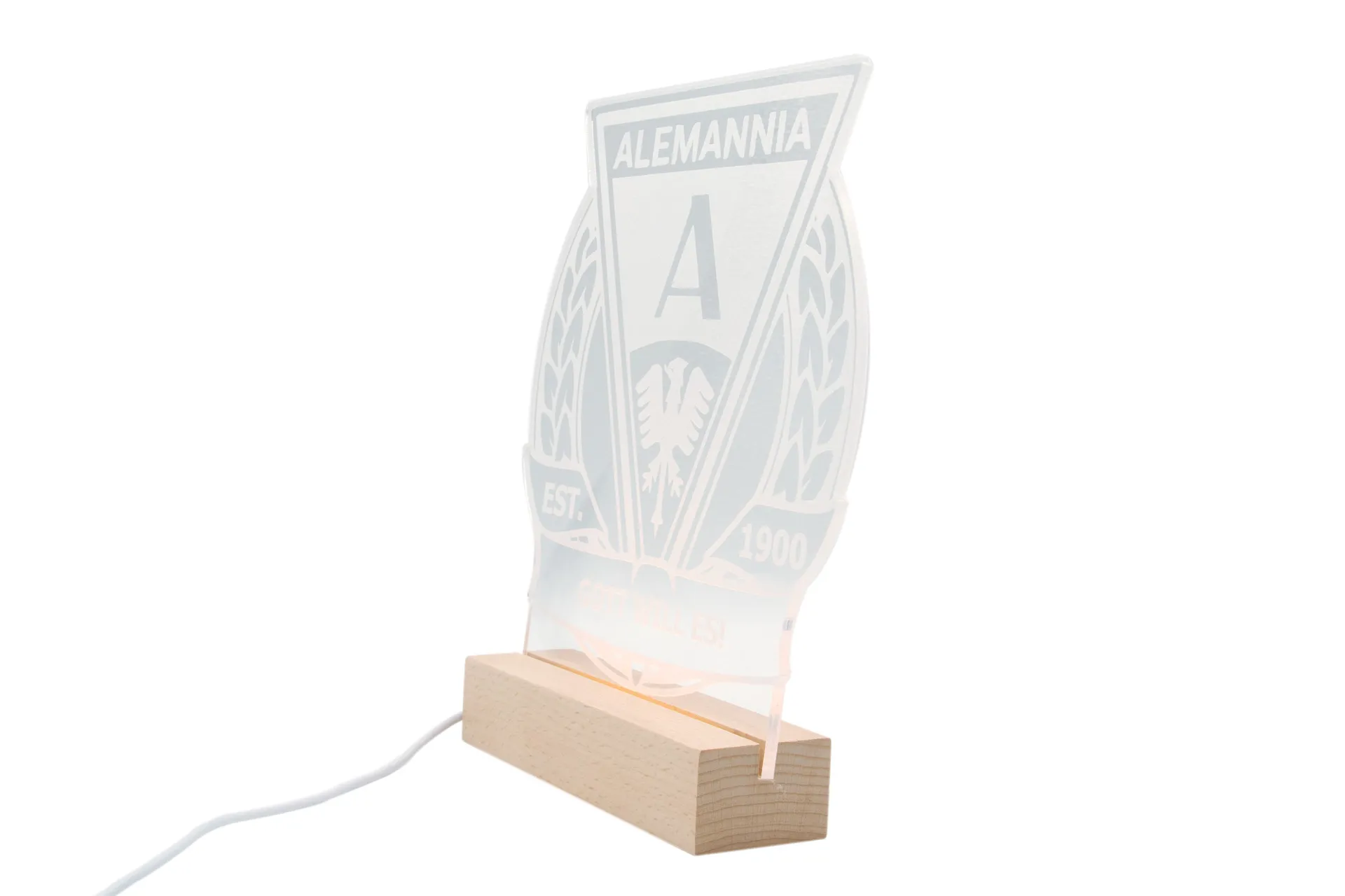 LED-beleuchteter Acryl-Aufsteller mit Alemannia Aachen Motiv, montiert auf Holzsockel mit USB-Anschluss und Bedienelement für div.Farblichter– ideal als Nachtlicht oder Dekoration für Fans