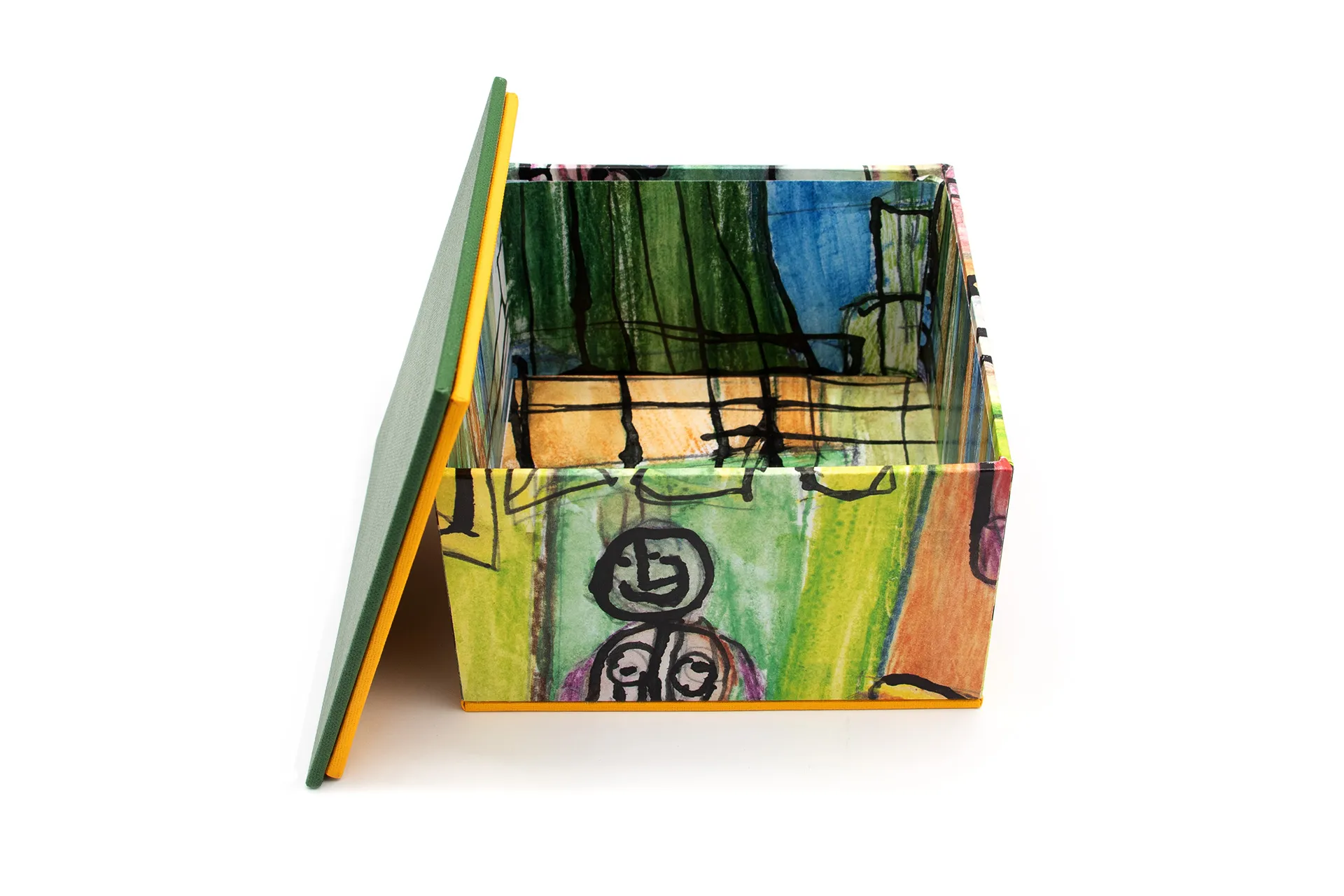 Quadratische Schmuckdose mit handgemaltem Motiv von Menschen in warmen Grün/Gelb/Rottönen, erhältlich in drei Größen Quadratische Schmuckdose mit handgemaltem Motiv von Menschen in warmen Grün/Gelb/Rottönen, erhältlich in drei Größen