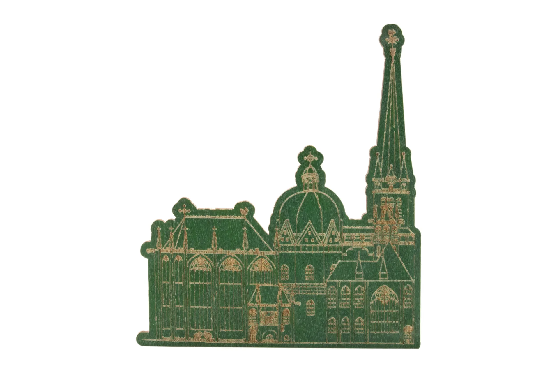 Holzmagnet in Form des Aachener Doms, gesägt und farbig lackiert, aus einem stabilen, aber leichten Holz gefertigt, in Farbe grün Holzmagnet in Form des Aachener Doms, gesägt und farbig lackiert, aus einem stabilen, aber leichten Holz gefertigt, in Farbe grün