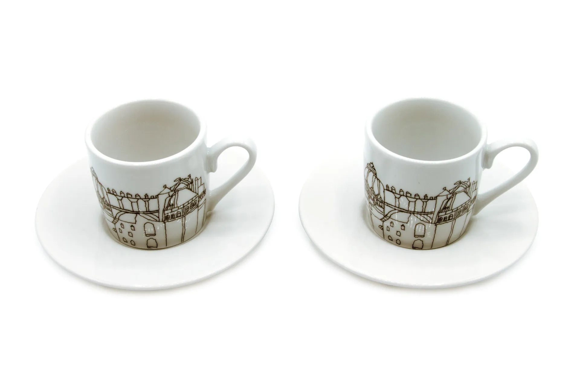Weiß Porzellan‑Espressotasse im 2er‑Set mit Untertassen, mit stilisiertem schwarzem Aachen Stadtmotiv, 0,085 l