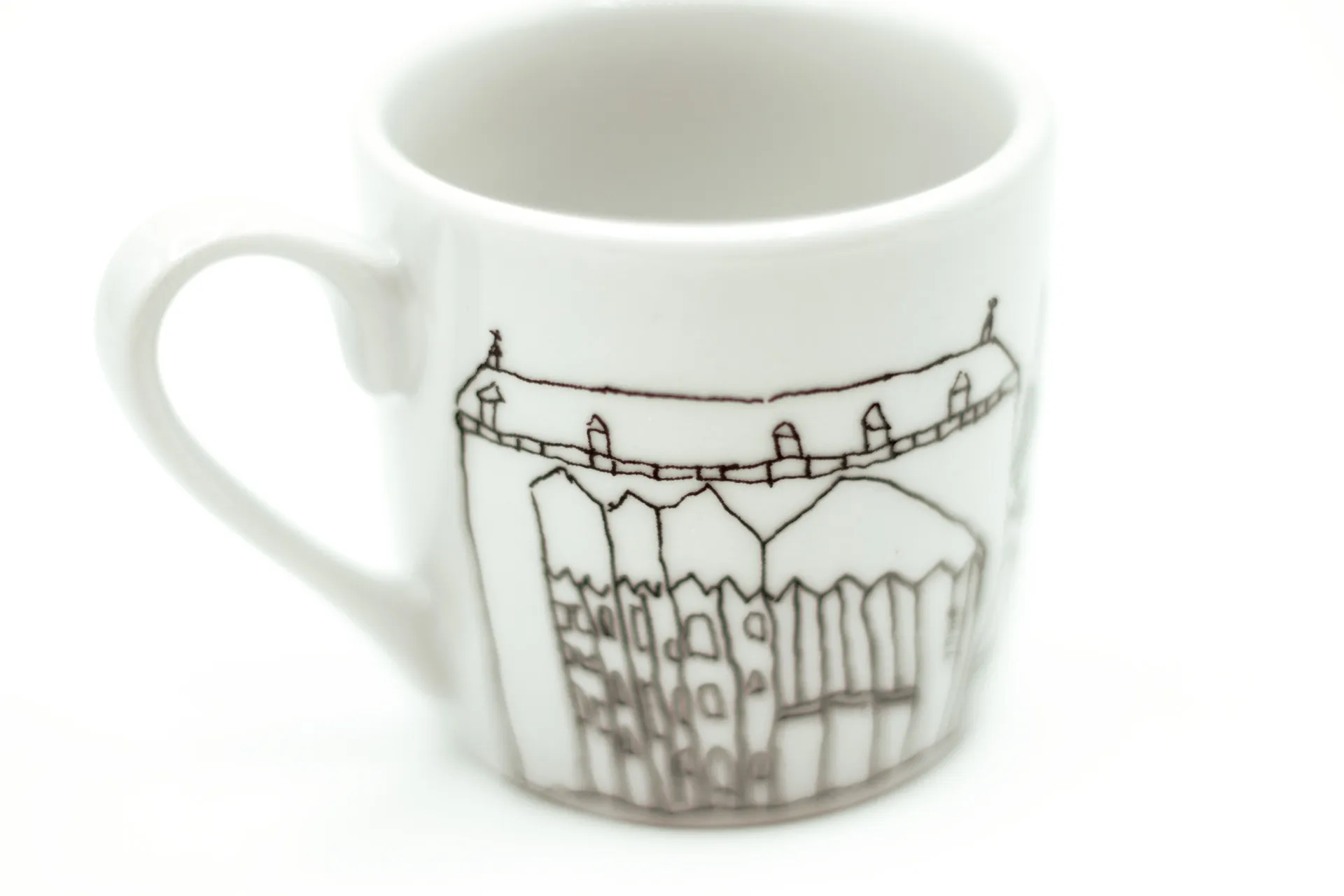 Weiß Porzellan‑Espressotasse im 2er‑Set mit Untertassen, mit stilisiertem schwarzem Aachen Stadtmotiv, 0,085 l