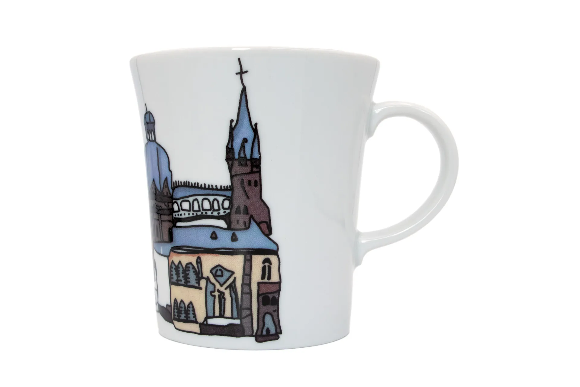 Weiße Porzellantasse mit petrol‑farbenem Aachener Dom und Rathaus Motiv, 0,28 l