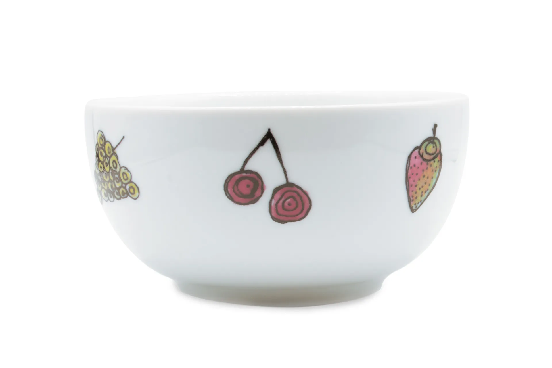 Weiße Porzellan-Müslischale mit farbintensivem, handgezeichnetem Früchte-Motiv (z. B. Beeren, Zitrusfrüchte) rundum als Dekor, 0,5l