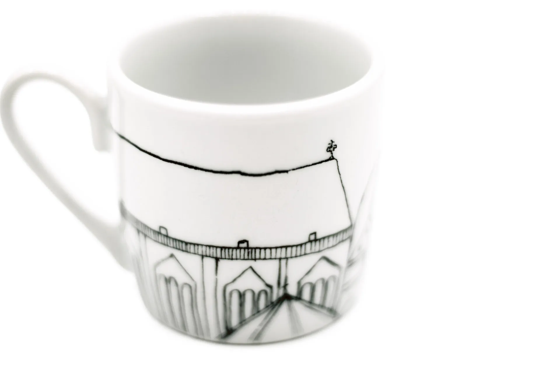 Weiß Porzellan‑Espressotasse im 2er‑Set mit Untertassen, mit stilisiertem schwarzem Aachen Stadtmotiv, 0,085