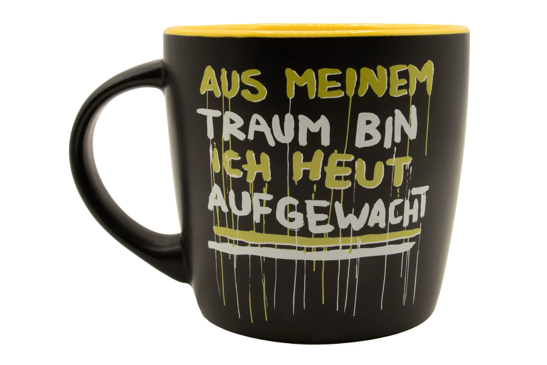 Schwarze matte Porzellantasse mit gelber Innenseite, mit einem Motiv zum Aufstiegslied „Aus meinem Traum bin ich heute aufgewacht…“ und dem Schriftzug „Alemannia“, 0,27 l