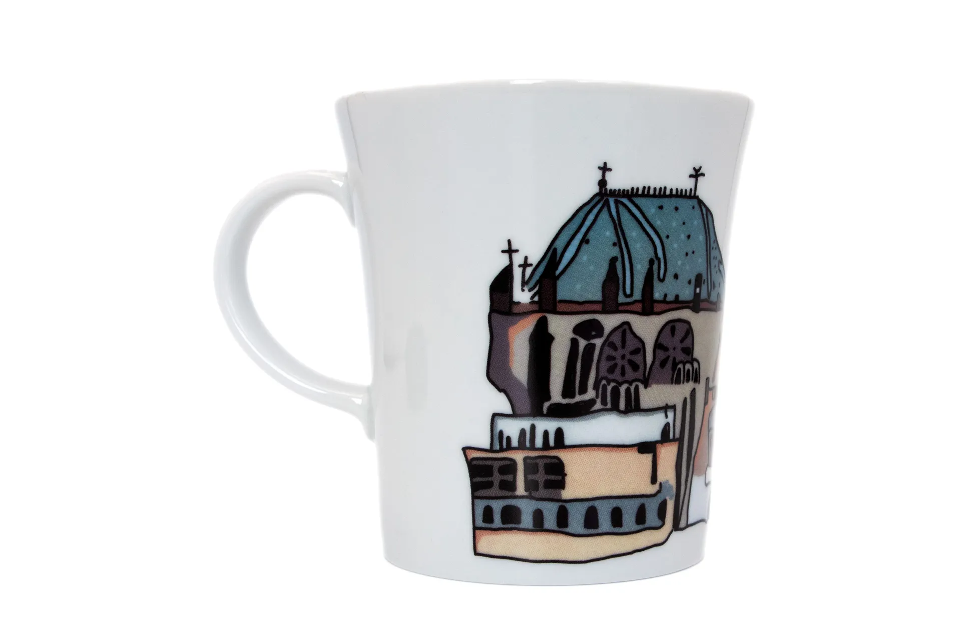 Weiße Porzellantasse mit petrol‑farbenem Aachener Dom und Rathaus Motiv, 0,28 l
