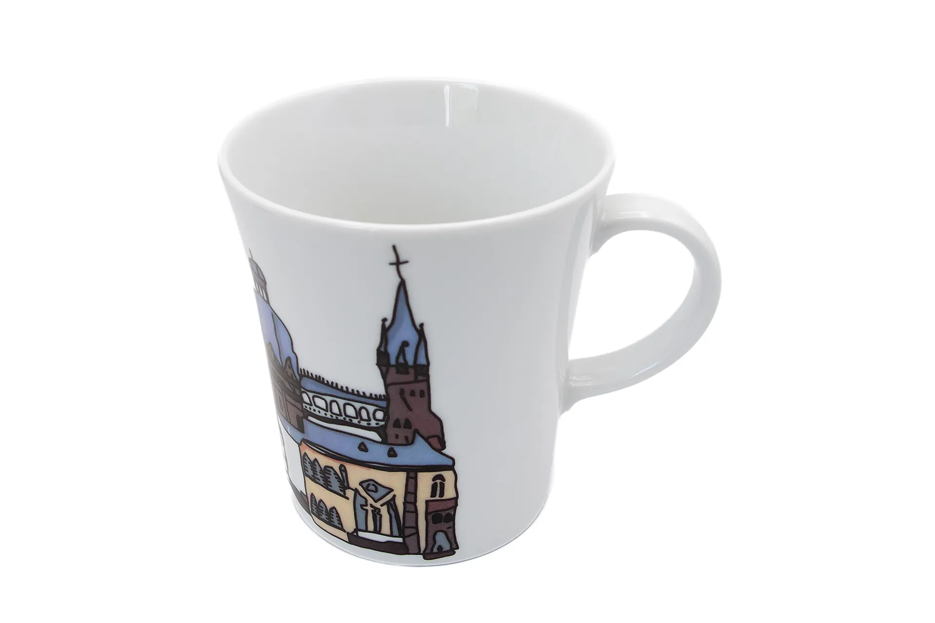 Weiße Porzellantasse mit petrol‑farbenem Aachener Dom und Rathaus Motiv, 0,28 l