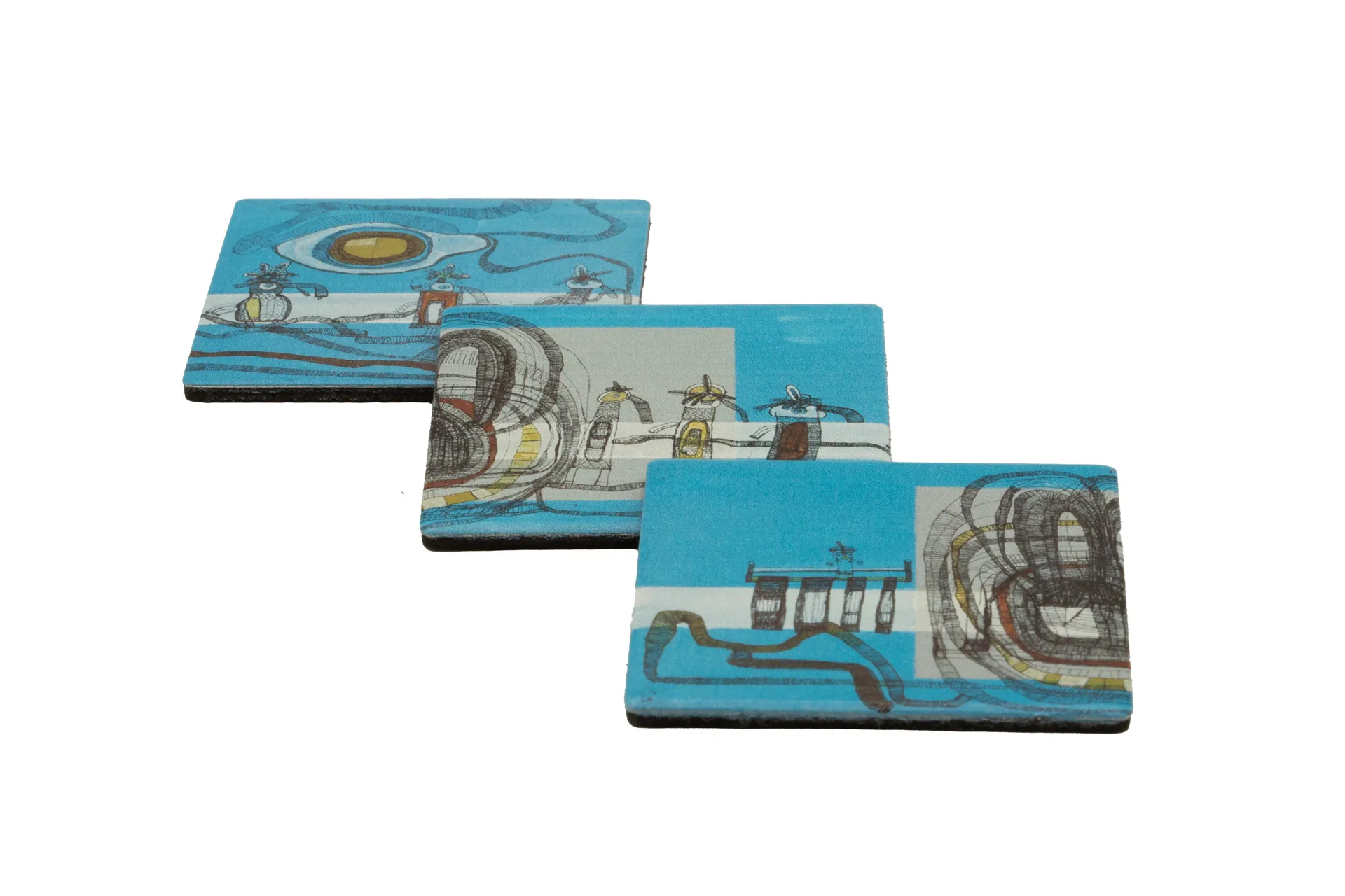 Drei quadratische Magnete mit blau/bunten Farben und abstraktem Motiv, ideal zur Befestigung von Notizen oder Fotos am Kühlschrank
