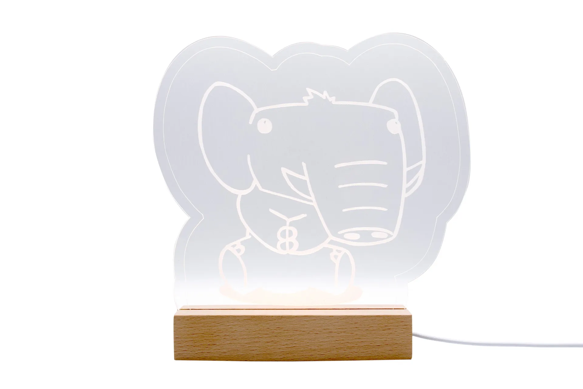 LED-beleuchteter Acryl-Aufsteller mit Elefantenmotiv, montiert auf Holzsockel mit USB-Anschluss und Bedienelement für div.Farblichter– ideal als Nachtlicht oder Dekoration für Kinderzimmer mit zwei Ausführungen (ohne Gravur/mit individueller Gravur)