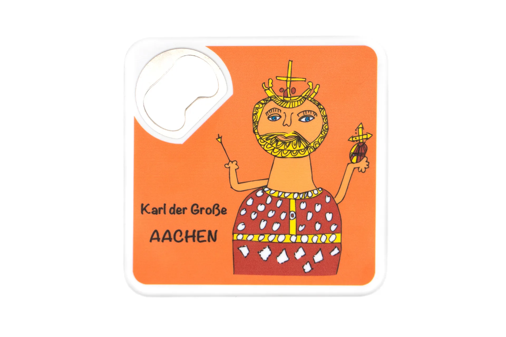 Quadratischer Untersetzer mit integriertem Flaschenöffner und orangenem Hintergrund, Motiv Karl der Große, rutschfeste Unterseite