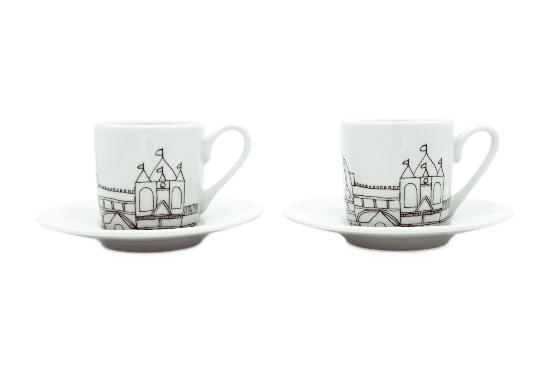 Weiß Porzellan‑Espressotasse im 2er‑Set mit Untertassen, mit stilisiertem schwarzem Aachen Stadtmotiv, 0,085