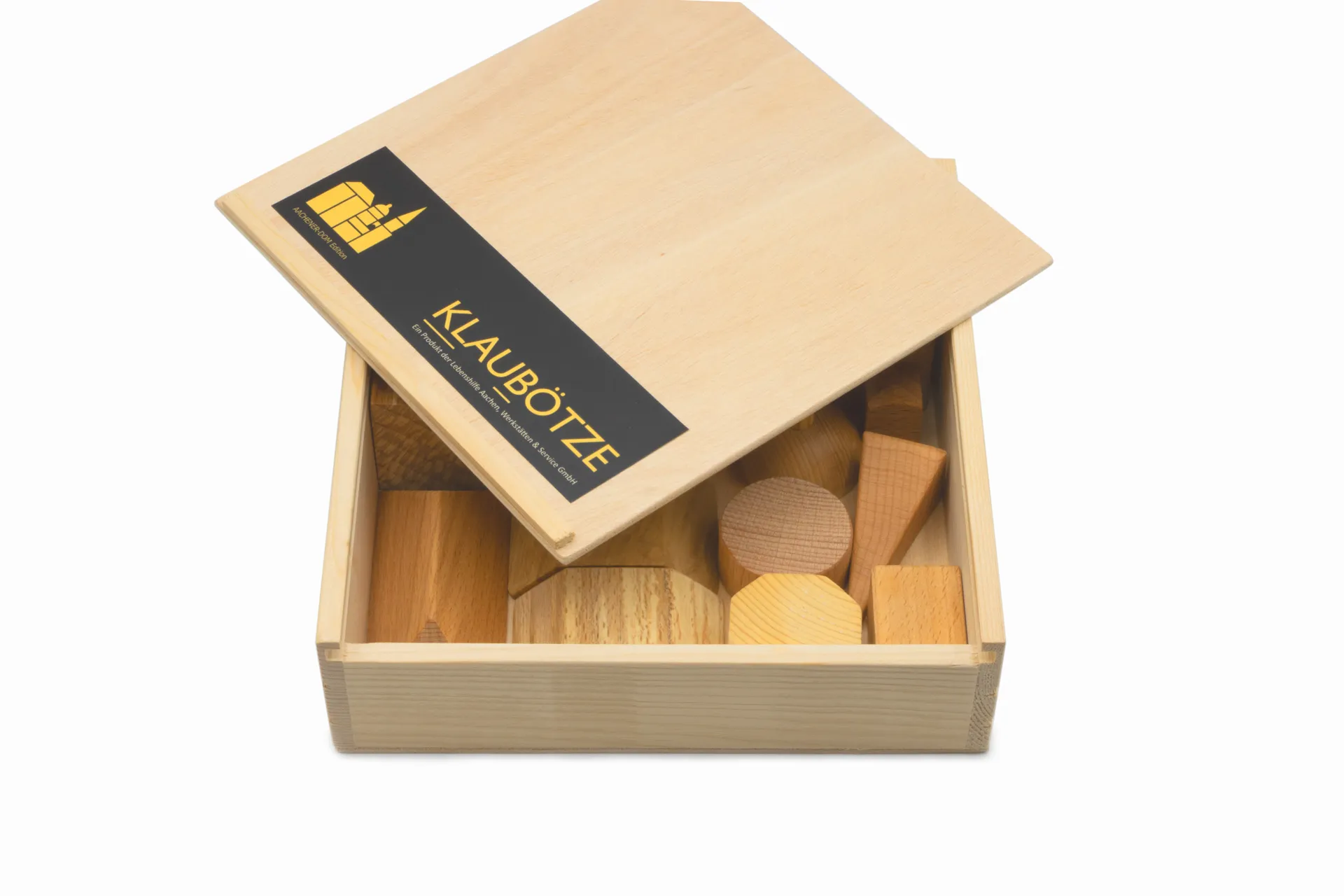 Holzspielzeug‑Set – Klaubötze mit Bauklötzen zum Zusammensetzen des Aachener Doms oder andere kreative Formen, inklusive Holzbox mit Einschiebedeckel, aus den Lebenshilfe Aachen Werkstätten, Made in Germany