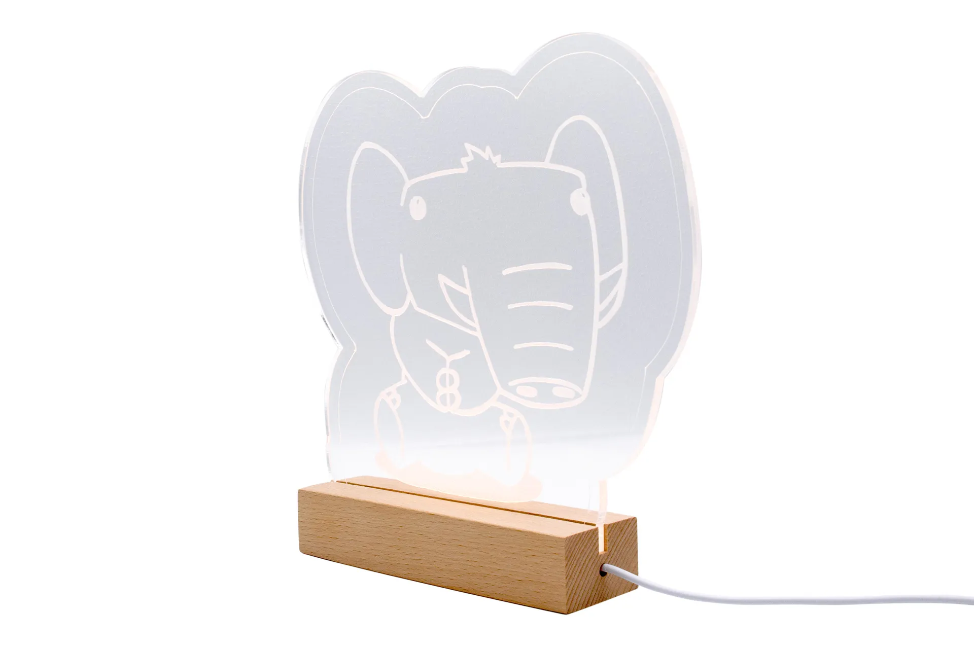 LED-beleuchteter Acryl-Aufsteller mit Elefantenmotiv, montiert auf Holzsockel mit USB-Anschluss und Bedienelement für div.Farblichter– ideal als Nachtlicht oder Dekoration für Kinderzimmer mit zwei Ausführungen (ohne Gravur/mit individueller Gravur)