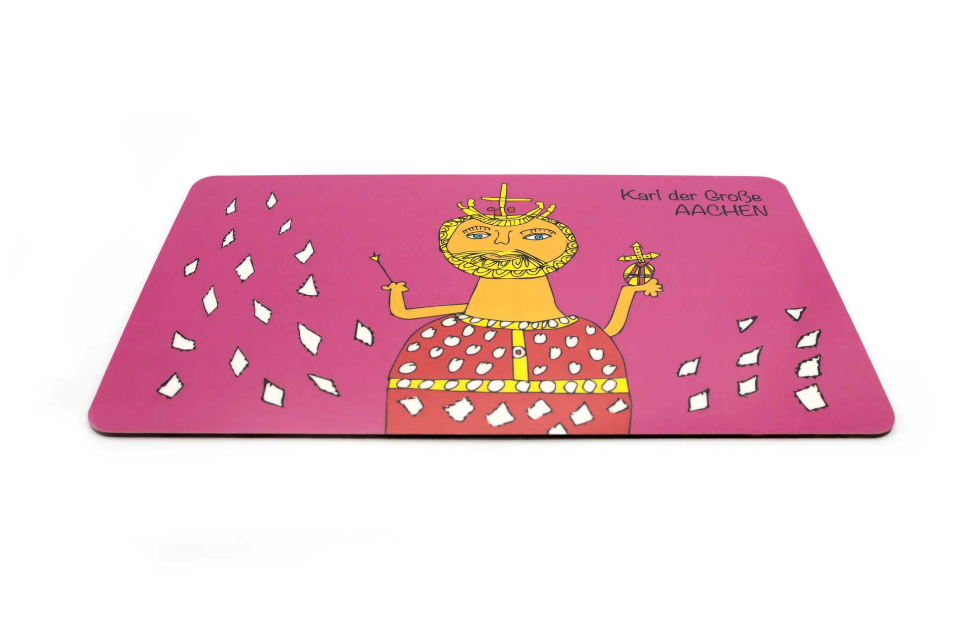 Glänzendes Frühstücksbrett in pink und Karl‑der‑Große-Motiv auf Melamin‑Schichtstoffplatte