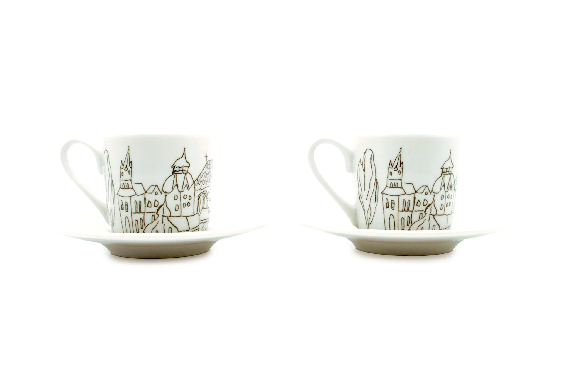 Weiß Porzellan‑Espressotasse im 2er‑Set mit Untertassen, mit stilisiertem schwarzem Aachen Stadtmotiv, 0,085 l
