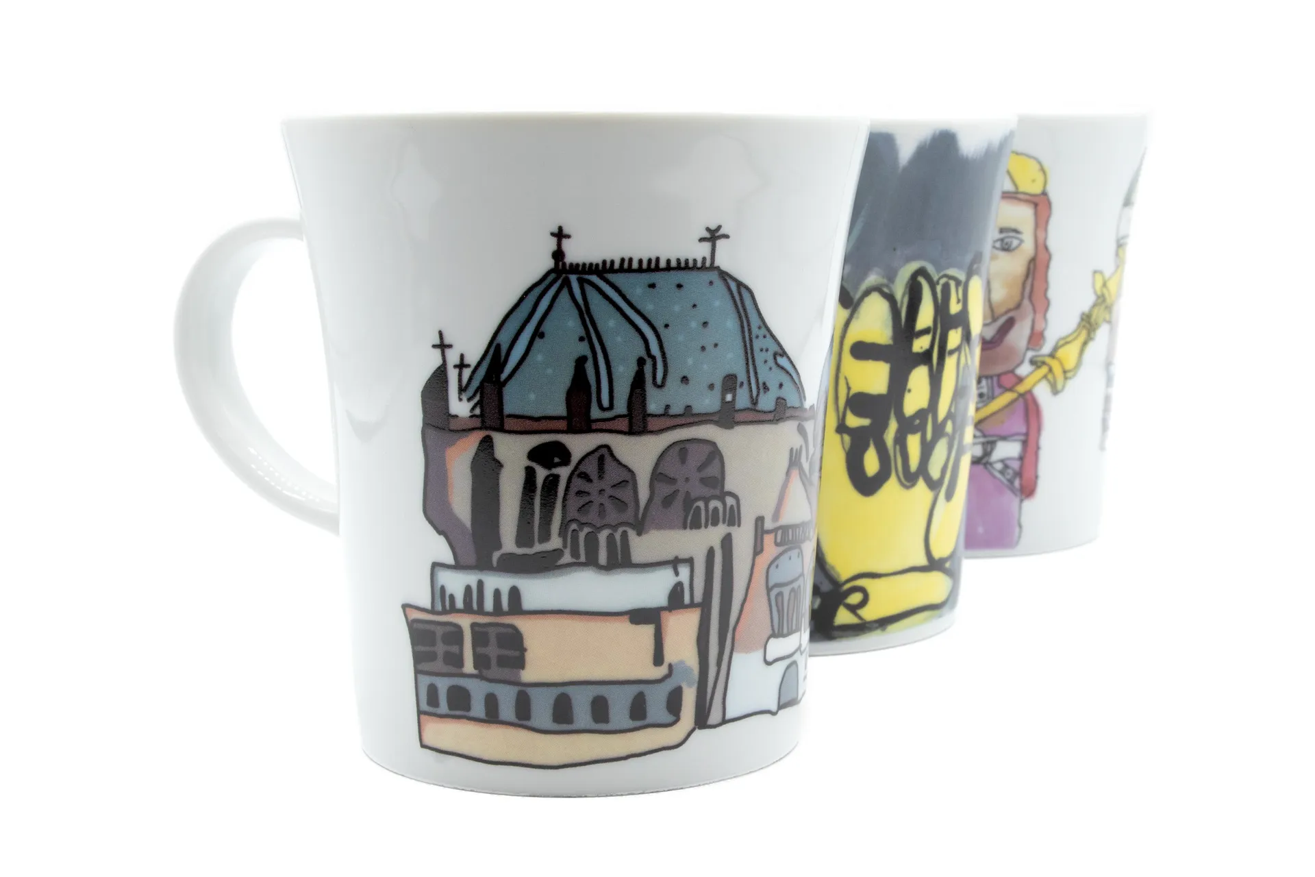 Weiße Porzellantasse mit petrol‑farbenem Aachener Dom und Rathaus Motiv, 0,28 l