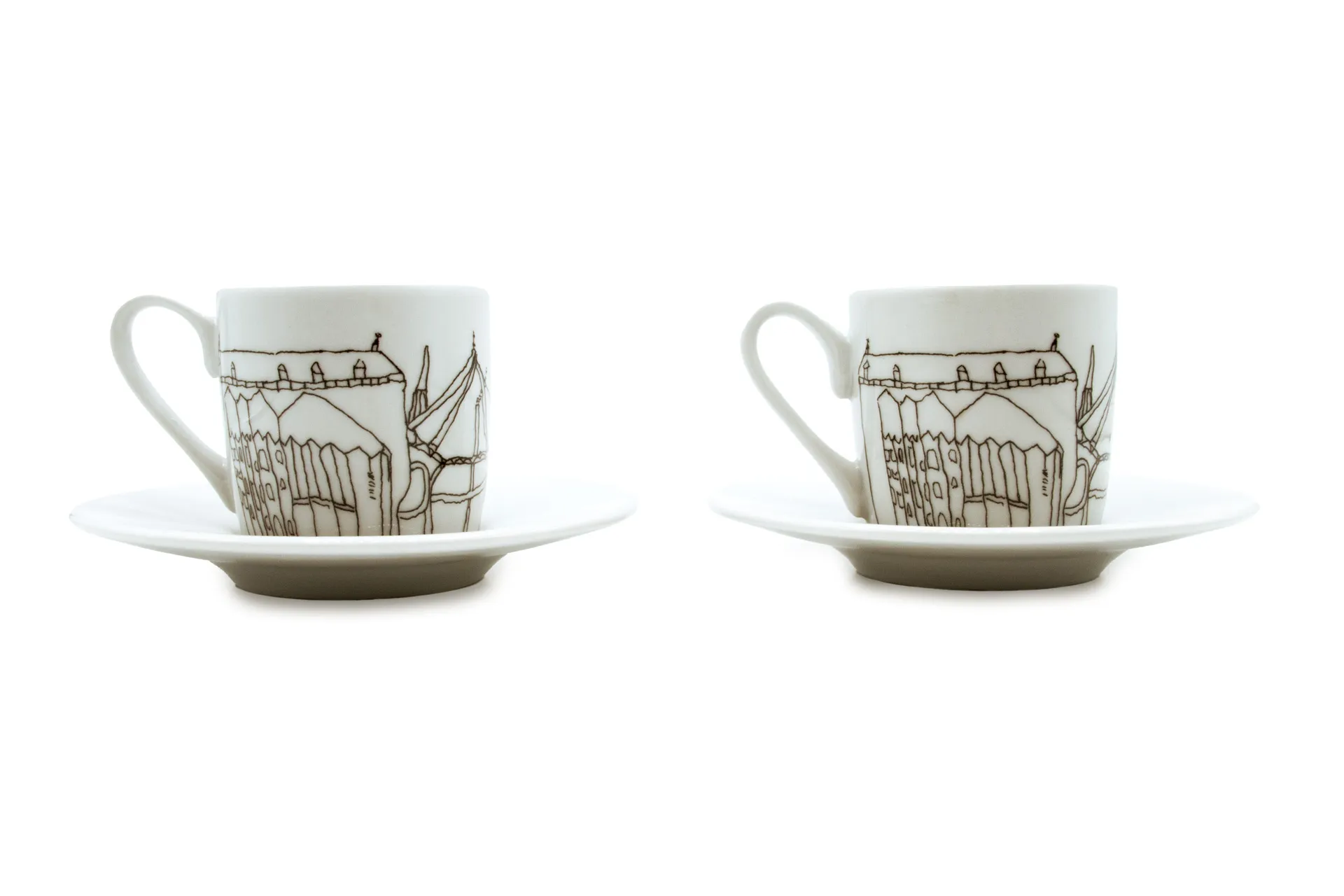 Weiß Porzellan‑Espressotasse im 2er‑Set mit Untertassen, mit stilisiertem schwarzem Aachen Stadtmotiv, 0,085 l