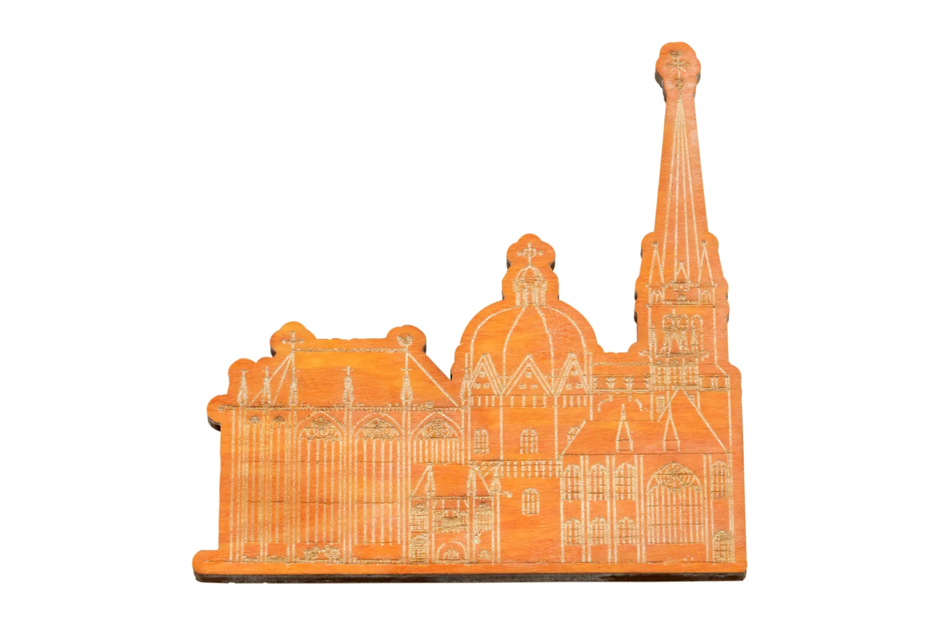Holzmagnet in Form des Aachener Doms, gesägt und farbig lackiert, aus einem stabilen, aber leichten Holz gefertigt, in Farbe orange