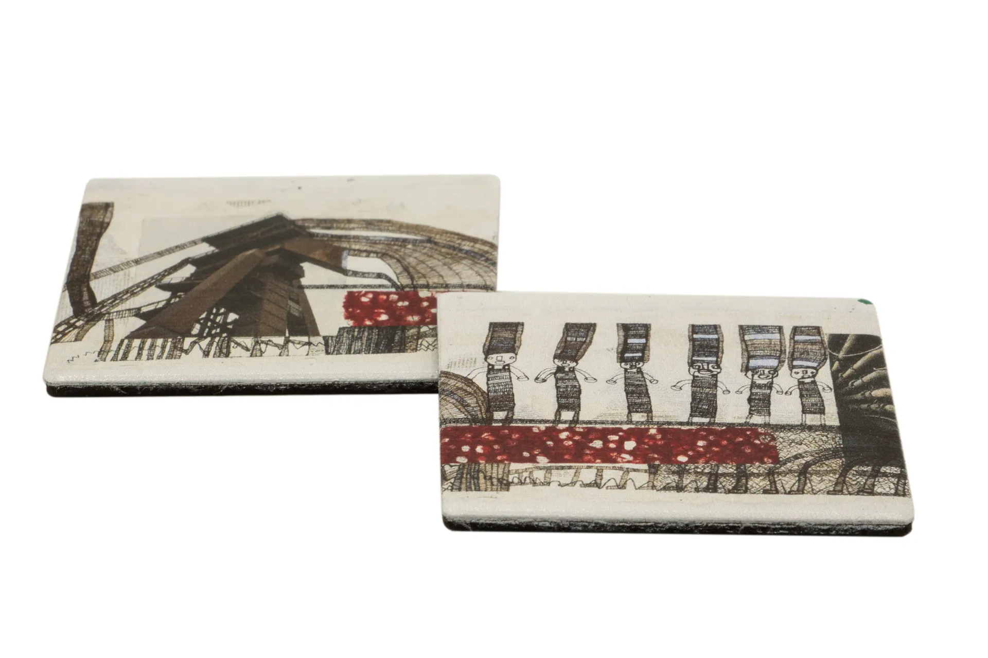 Zwei quadratische Magnete mit farbenfrohem, abstraktem Motiv, ideal zur Befestigung von Notizen oder Fotos am Kühlschrank
