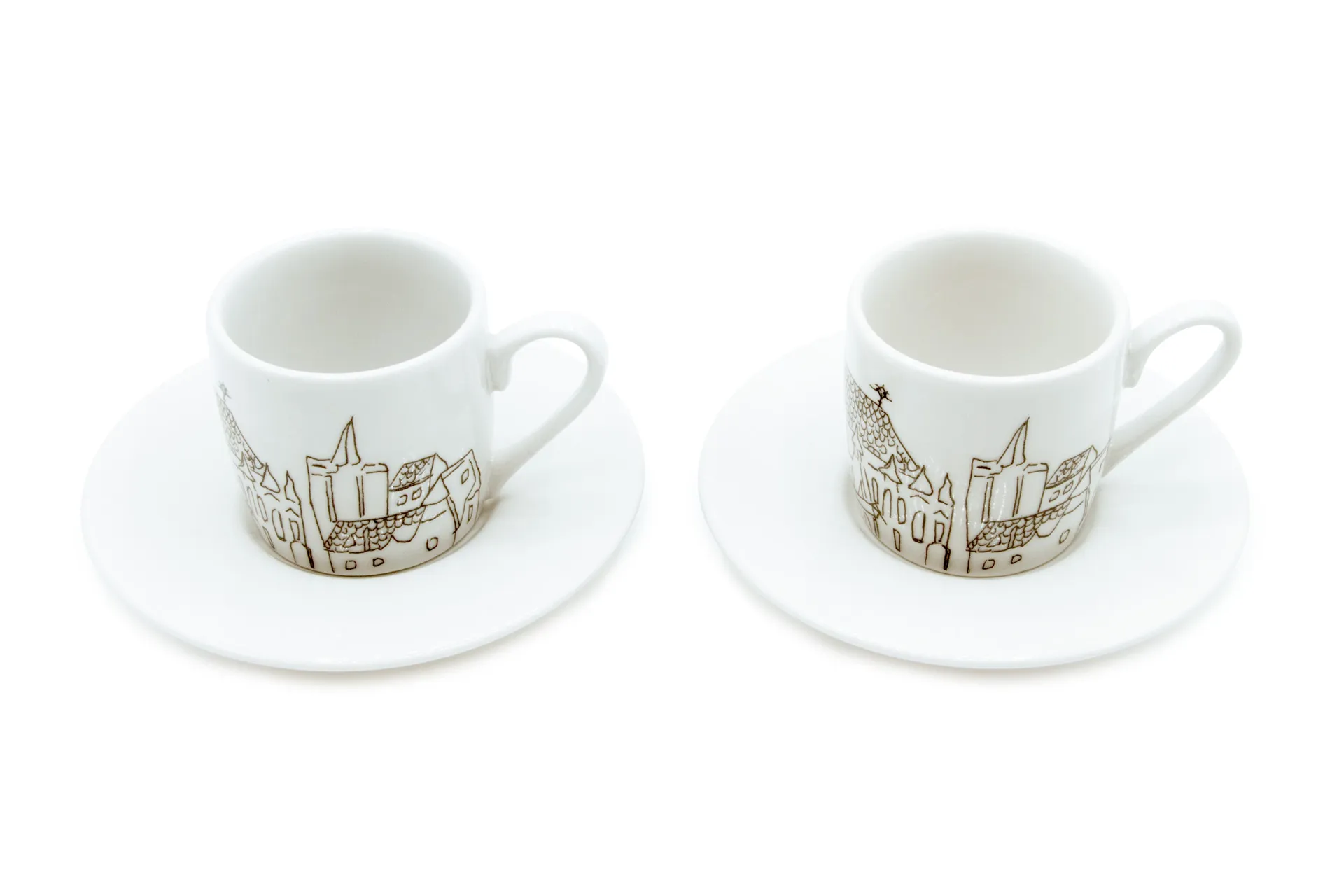 Weiß Porzellan‑Espressotasse im 2er‑Set mit Untertassen, mit stilisiertem schwarzem Aachen Stadtmotiv, 0,085 l