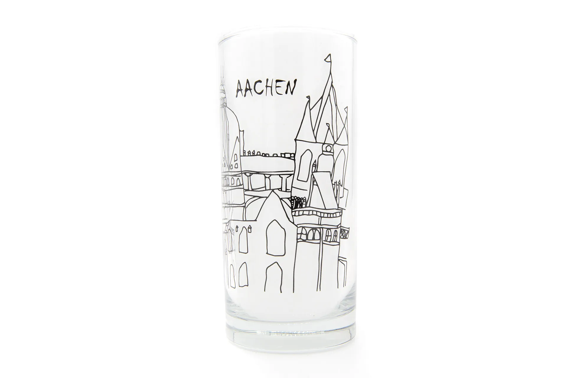 Klares Trinkglas mit schwarz bedrucktem Aachener Dom Motiv, 0,21 l