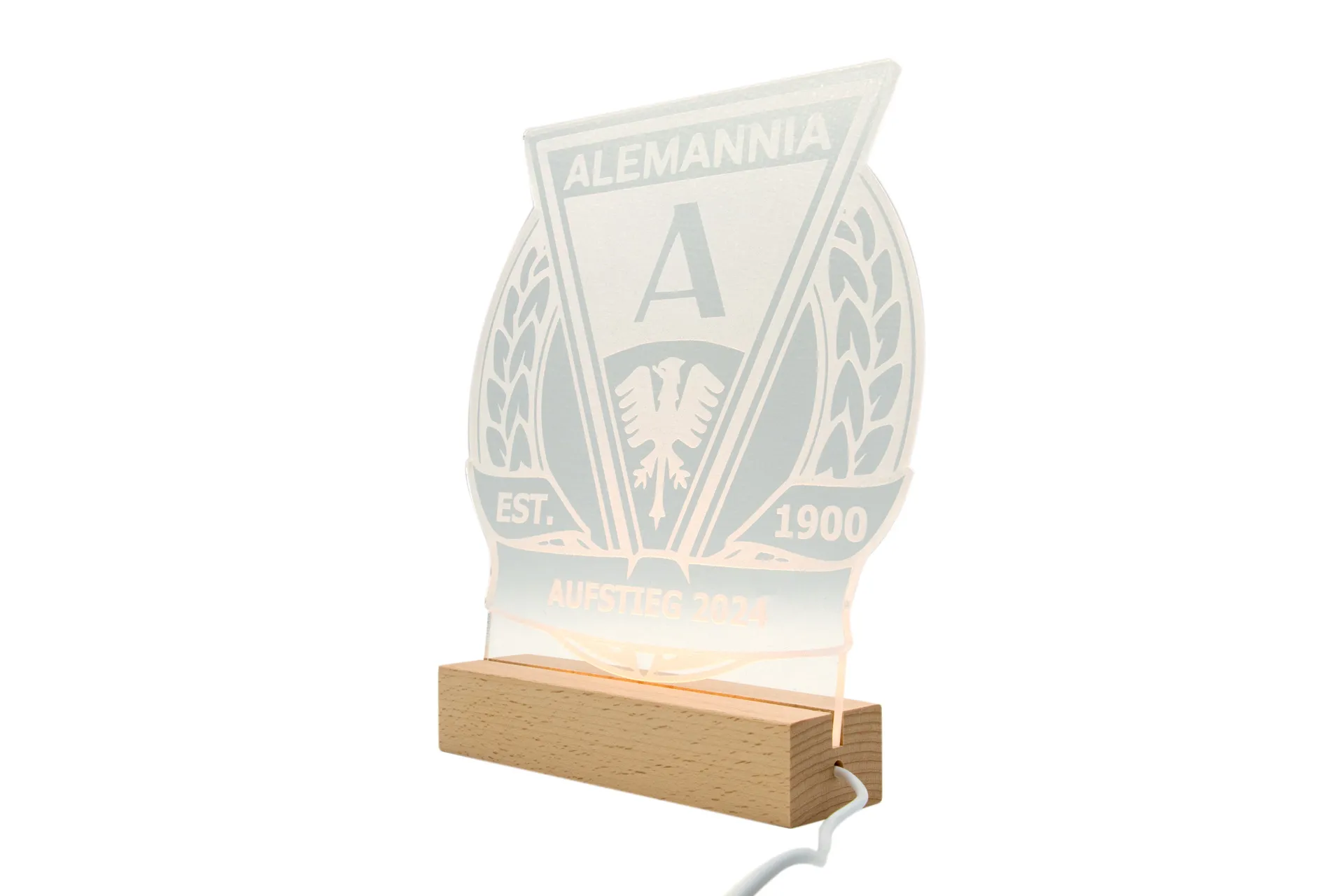 LED-beleuchteter Acryl-Aufsteller mit Alemannia Aachen Motiv, montiert auf Holzsockel mit USB-Anschluss und Bedienelement für div.Farblichter– ideal als Nachtlicht oder Dekoration für Fans