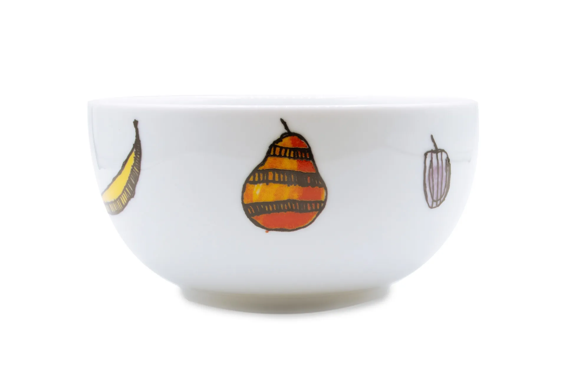 Weiße Porzellan-Müslischale mit farbintensivem, handgezeichnetem Früchte-Motiv (z. B. Beeren, Zitrusfrüchte) rundum als Dekor, 0,5l
