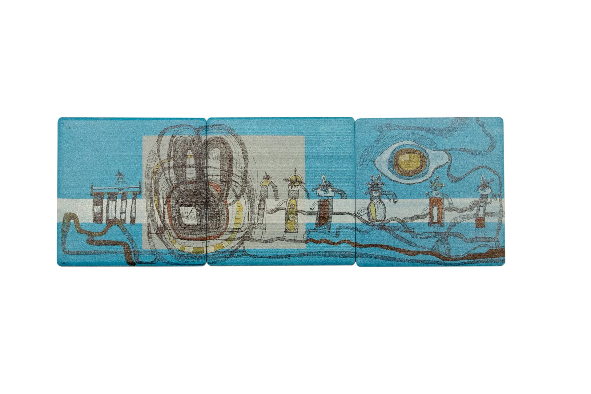 Drei quadratische Magnete mit blau/bunten Farben und abstraktem Motiv, ideal zur Befestigung von Notizen oder Fotos am Kühlschrank