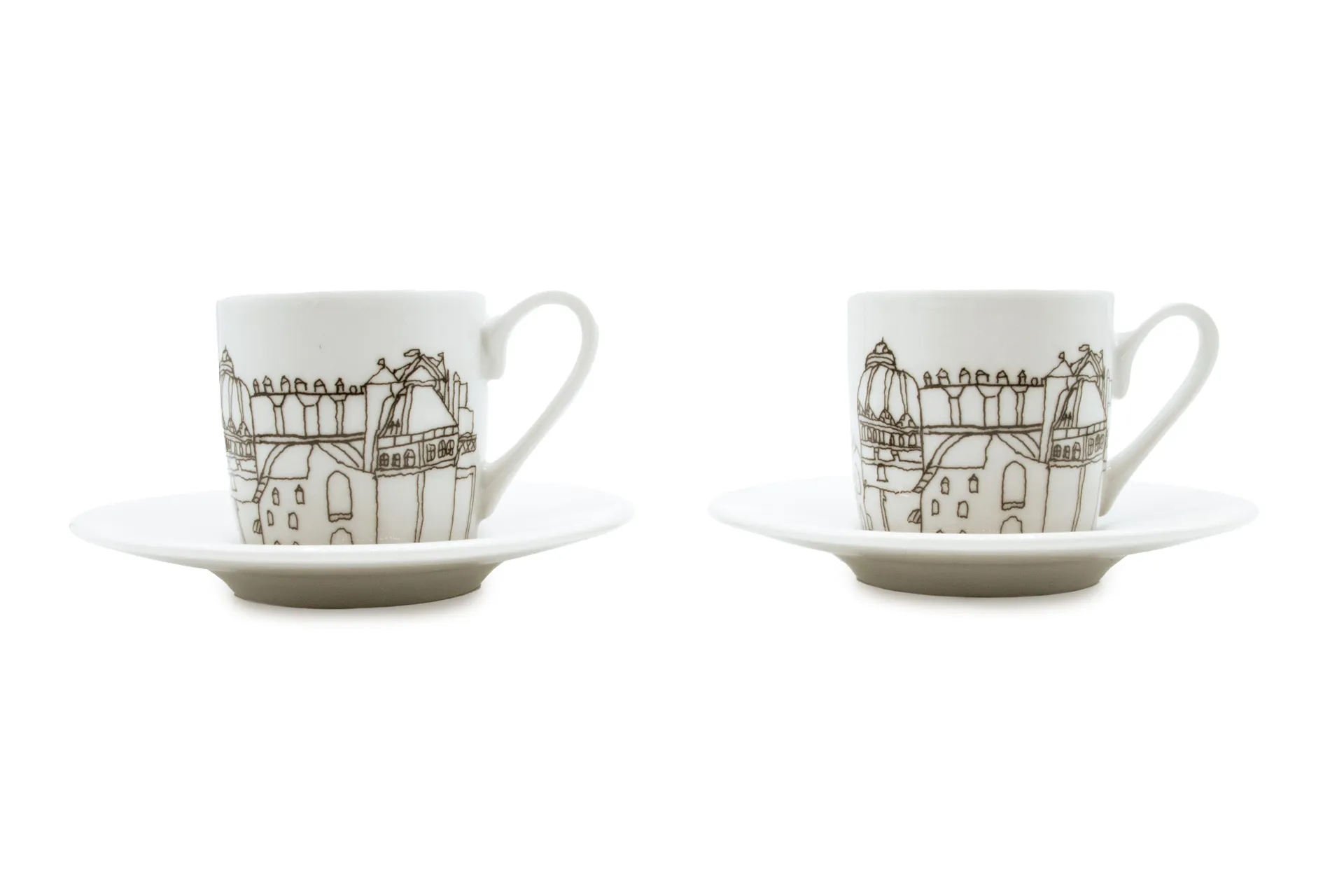 Weiß Porzellan‑Espressotasse im 2er‑Set mit Untertassen, mit stilisiertem schwarzem Aachen Stadtmotiv, 0,085 l
