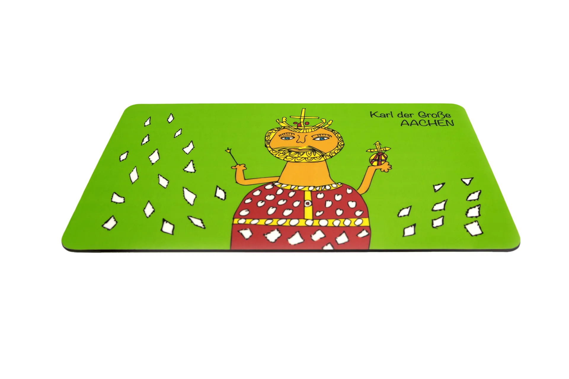 Glänzendes Frühstücksbrett in grün und Karl‑der‑Große-Motiv auf Melamin‑Schichtstoffplatte Glänzendes Frühstücksbrett in grün und Karl‑der‑Große-Motiv auf Melamin‑Schichtstoffplatte