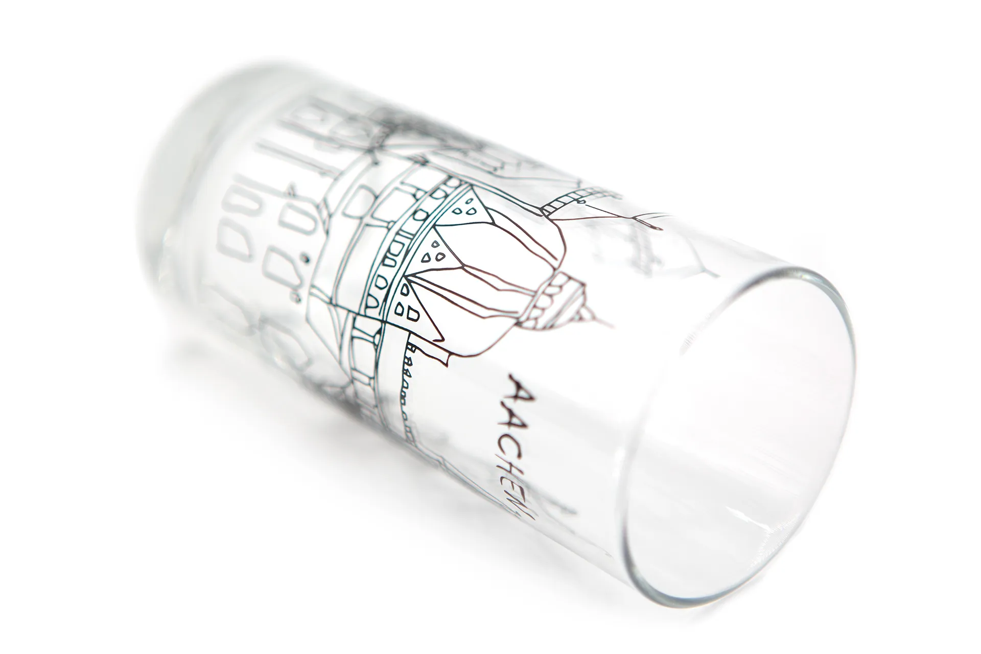 Klares Trinkglas mit schwarz bedrucktem Aachener Dom Motiv, 0,21 l