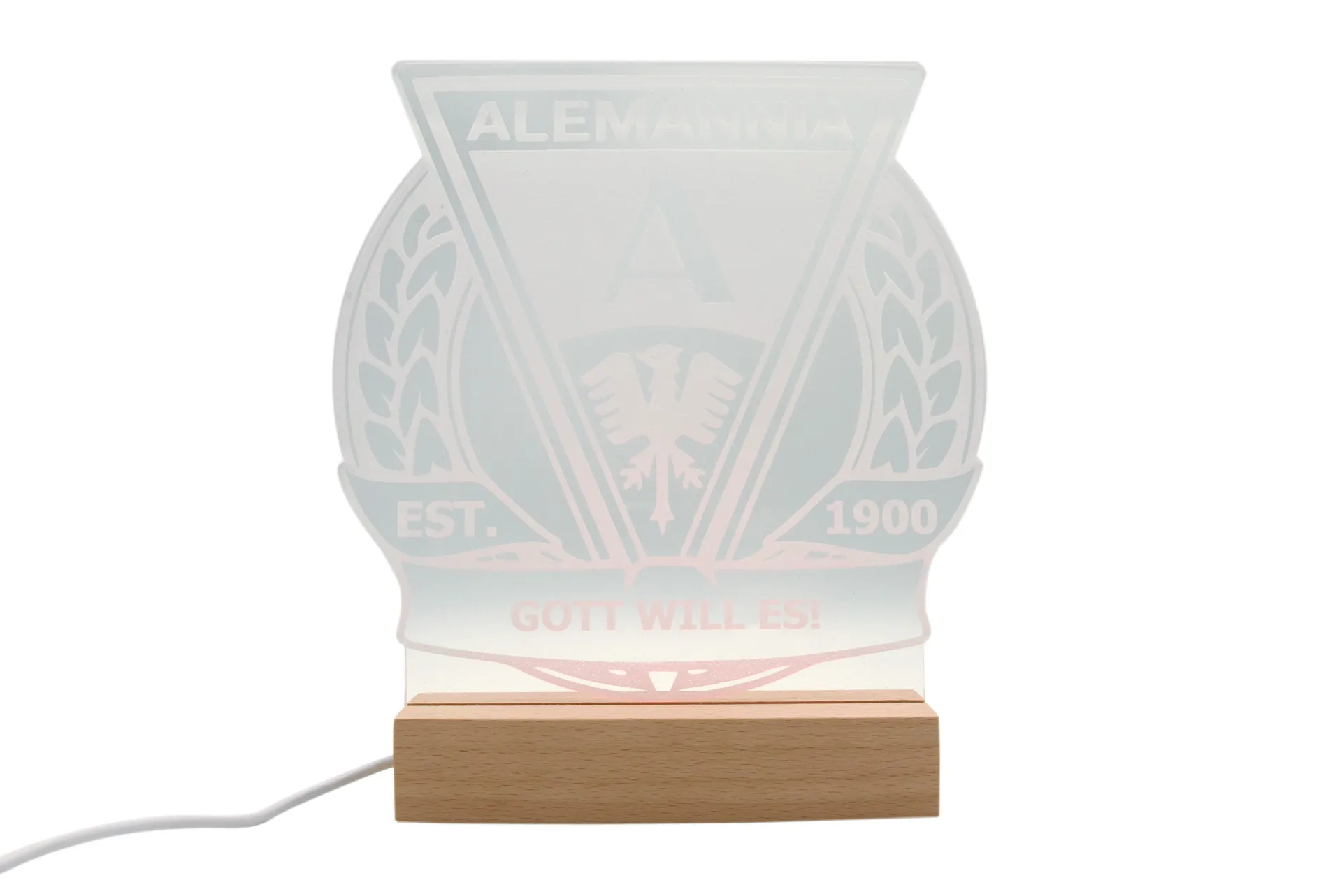 LED-beleuchteter Acryl-Aufsteller mit Alemannia Aachen Motiv, montiert auf Holzsockel mit USB-Anschluss und Bedienelement für div.Farblichter– ideal als Nachtlicht oder Dekoration für Fans LED-beleuchteter Acryl-Aufsteller mit Alemannia Aachen Motiv, montiert auf Holzsockel mit USB-Anschluss und Bedienelement für div.Farblichter– ideal als Nachtlicht oder Dekoration für Fans