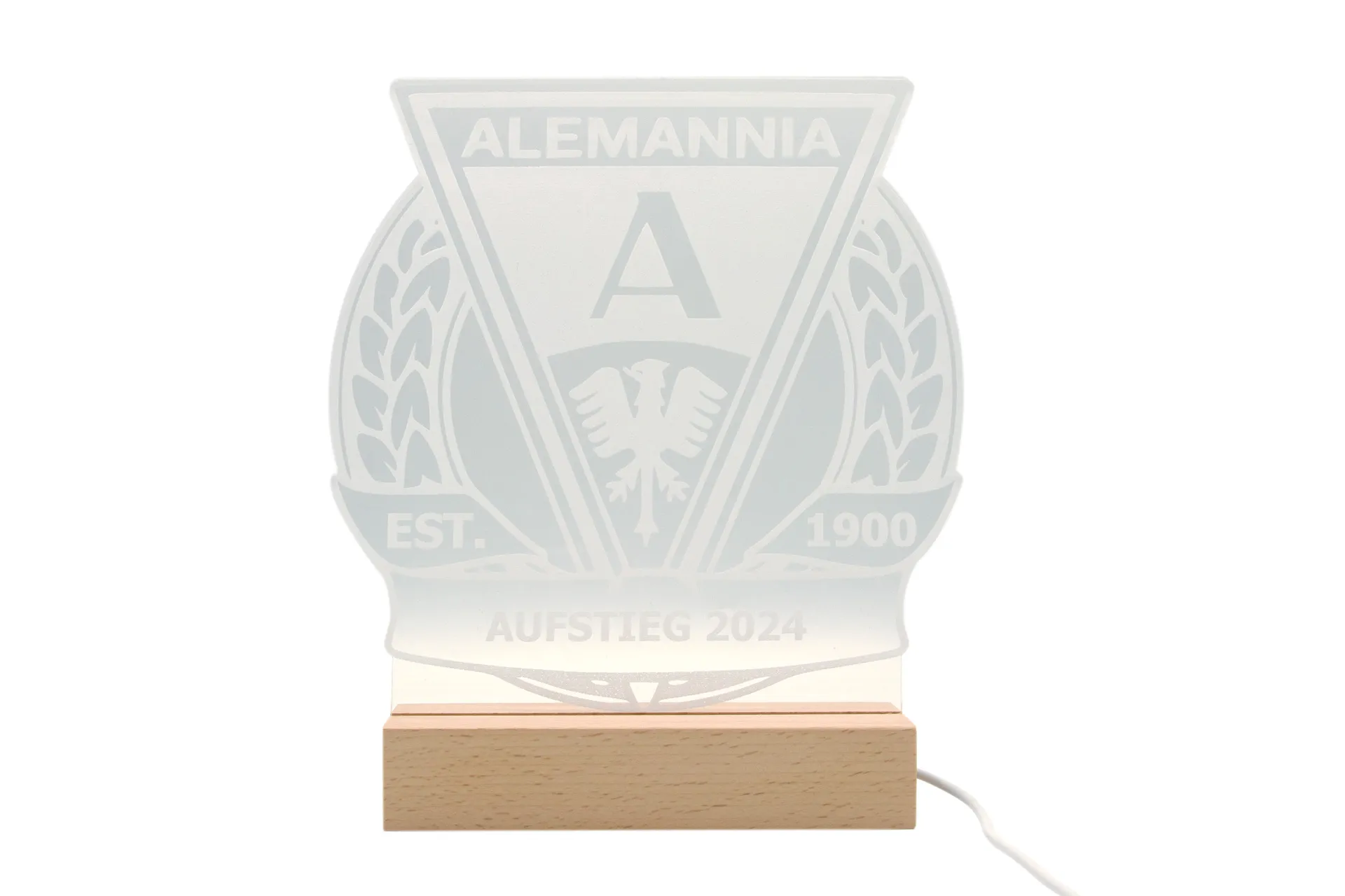 LED-beleuchteter Acryl-Aufsteller mit Alemannia Aachen Motiv, montiert auf Holzsockel mit USB-Anschluss und Bedienelement für div.Farblichter– ideal als Nachtlicht oder Dekoration für Fans