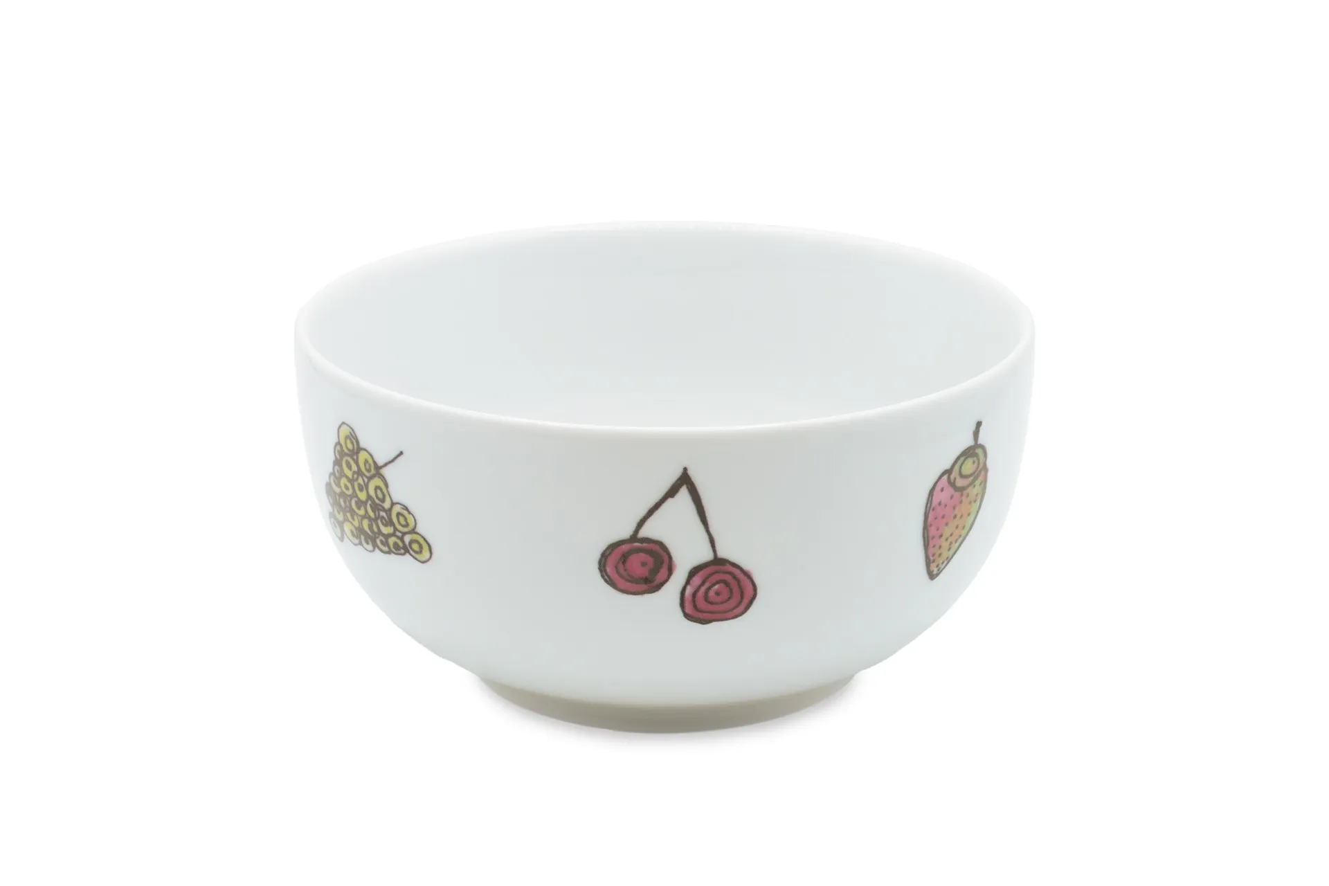 Weiße Porzellan-Müslischale mit farbintensivem, handgezeichnetem Früchte-Motiv (z. B. Beeren, Zitrusfrüchte) rundum als Dekor, 0,5l