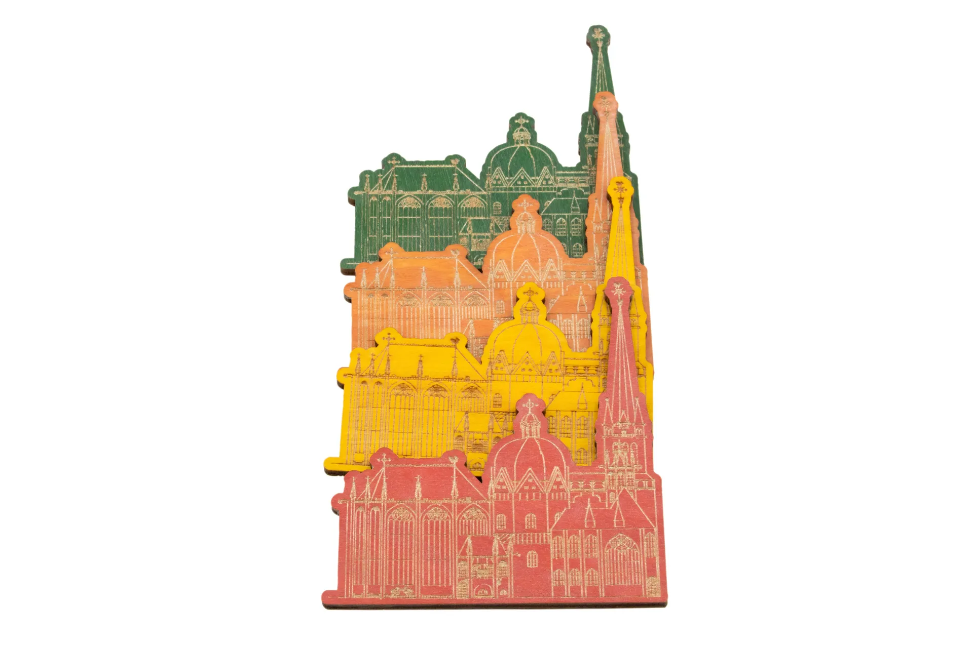 Holzmagnet in Form des Aachener Doms, gesägt und farbig lackiert, aus einem stabilen, aber leichten Holz gefertigt, in Farbe rot